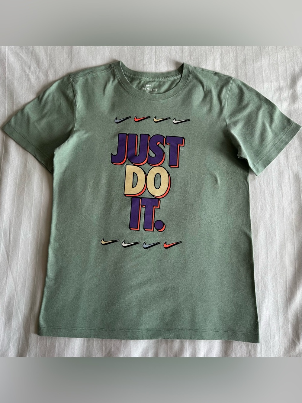 Nike Women’s Sage Green 'Just Do It.' Graphic Tee with Multicolor Accents